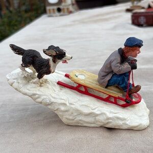 Lemax Racing Downhill Red Sled with Black and Brown Dog Figurine (Defective)